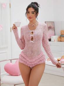 SHEIN Pink Lace Patchwork Ruffle Layered Design Butt-Lifting Sexy Cute Juicy Sweety Sheer Bodysuit For Women - Pink - View 5