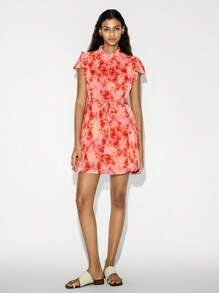 Lumivelle Women's New Summer Layered Ruched Print Mini Halter Neck Dress