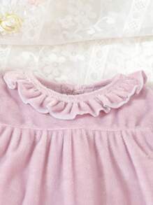 SHEIN Toddler Girls Cute Purple Velvet Long Sleeve Jumpsuit Pajamas Baby Girl Romper Baby Ruffle Romper Newborn Baby Girl Clothes Baby Girl Jumpsuit Long Sleeve Baby Romper Fall Winter - Mauve Purple - View 8