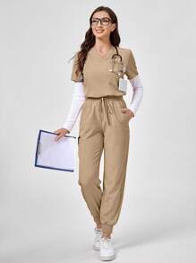 TaskEZ 2pcs Scrub Uniform Set, Loose Fit Short Sleeve Top And Drawstring Pants