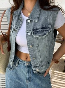 Livesso Women's Sleeveless Short Distressed Denim Jacket With Rhinestones - Blue - View 1