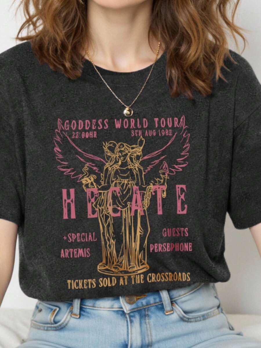 Calvaya Women's Plus Size Vintage Hecate Goddess Print T-Shirt With Mystical Wings & Scepter Design, Crew Neck Short Sleeve - Dark Grey - View 1
