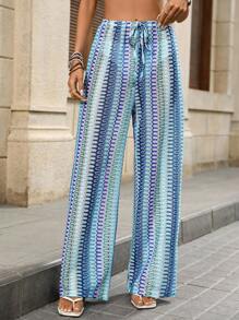 Swim Vcay Conjunto de top y pantalones de kaftan con cordón de mujer para el verano, estilo bohemio, para la playa y resort