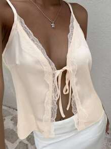 Chiquease Women's Solid Color Contrast Lace Front-Tie Casual Tank Top - Apricot - View 3