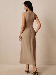Poéselle Đầm không tay cổ chữ V màu trơn cho nữ, thanh lịch mùa hè - Màu Khaki - Xem 7