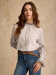 Poéselle Women's Front Button Long Sleeve Floral Embroidered Casual Shirt,Boho, Western, Nashville Outfits, Coachella, Concert Wear