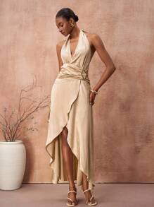 Zivah 2025 年夏季新音乐节和毕业季系列，学生/日常/休闲/度假/海滩/日光浴/街头服饰杏色纹理棉麻挂脖褶皱深 V 领开衩连衣裙，优雅闪亮面料礼服 - 香檳色 - 查看 7