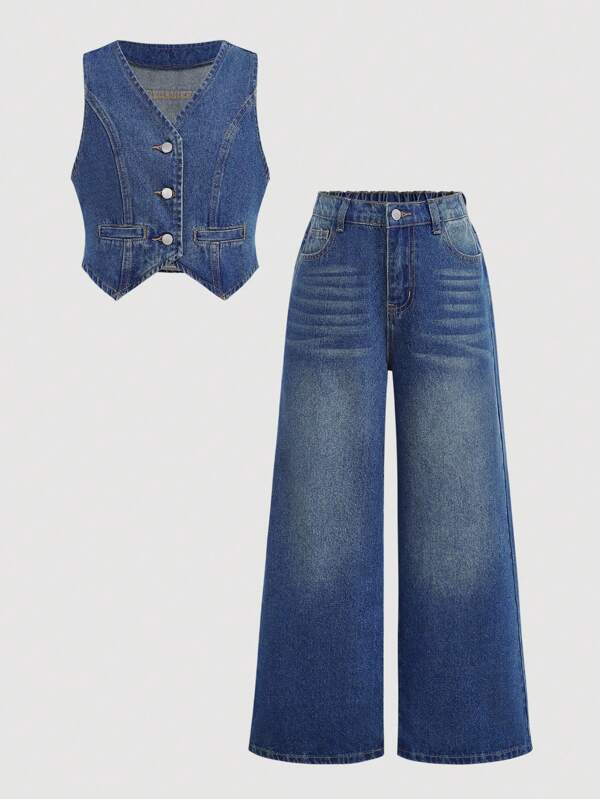 Girlism Conjunto de dos piezas casual de estilo vintage Y2K para niñas preadolescentes, compuesto por un chaleco sin mangas holgado y cómodo de mezclilla azul, y unos pantalones vaqueros semielásticos de cintura cómoda y holgada, ideal para ropa diaria, atuendos de verano y otoño, festivales y salidas a la playa, así como para la vuelta al colegio