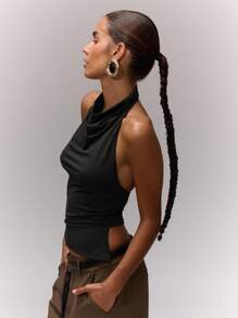 MUSERA Draped Asymmetric Halterneck Top Romantic Vacation Holiday Ibiza Festival Holiday Night Out Going Out Tops Club Winter  Fall Elegant Spring Summer - Black - View 3