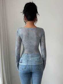 Modelyn Women's Blue Digital Print Mesh Twist Front Long Sleeve Top - Dusty Blue - View 2
