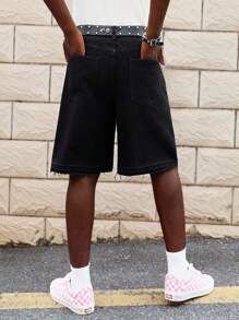 ROMWE MEN Street Life Men's Cross Rhinestone Embellished Denim Shorts, Suitable For Spring/Summer Everyday Wear - Black - View 5