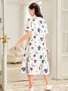 SHEIN Casual Loose Simple Comfort Turndown Collar Cartoon Pattern Ruffle Hem Dress For Teen Girls - White - View 2