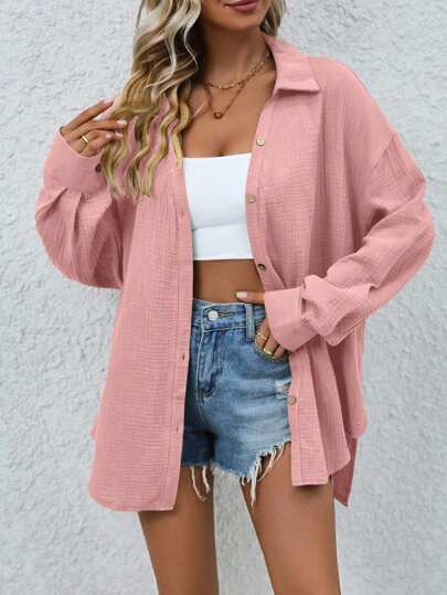 SHEIN LUNE Damen Einfarbige Bluse mit Drop Shoulder Langarm und Einreihigem Knopfverschluss, lässig und locker geschnitten