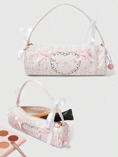 Kawaii Heart Lace Cute Heart Bow Pattern Small Portable Cosmetic Organizer Bag Pen Case With Chain 422977