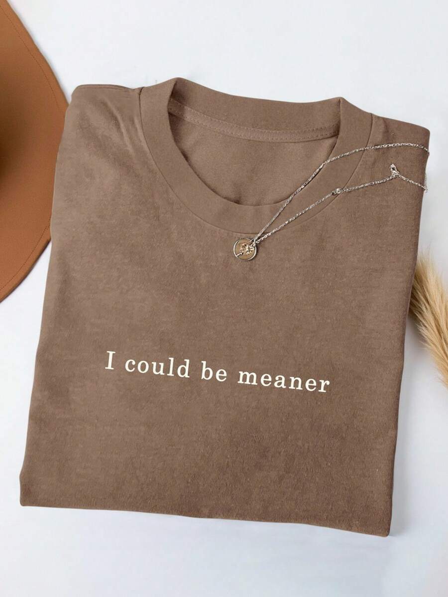 大码女式休闲口号印花圆领宽松T恤，夏季 - 卡其色 - 查看 1