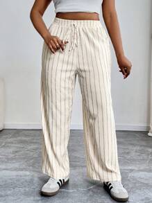 SHEIN PETITE CURVE 大码女式条纹系腰直筒宽松休闲裤，松紧腰褶皱纹理直筒裤，适合日常穿着，适合春夏秋季，法国度假女装夏季女装夏季女装下装女装夏季，夏季裤子 - 杏色 - 查看 5
