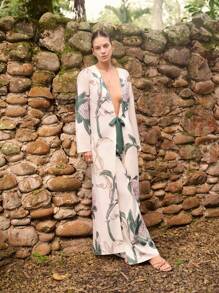 Sunsella Kimono de cuello en V con estampado, ropa de playa de verano para mujeres, ropa de resort de vacaciones, kimono de playa largo, ropa de resort de vacaciones, dinero antiguo