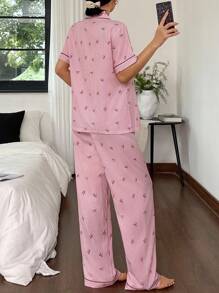 Dream Adore Floral Print Lapel Short Sleeve Pajama Set - Pink - View 3