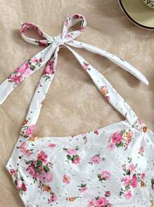 SHEIN 青少年女孩休闲简约舒适无袖上衣，领口和腰部饰有褶饰碎花图案 - 粉色 - 查看 4