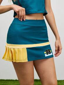 Cheerettes Short-saia esportiva casual com recortes em cores contrastantes e pregas - Verde - Visão 4