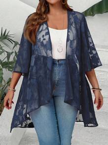EMERY ROSE Plus Size Women Floral Jacquard Netted 3/4 Sleeve Open Front Jacket Cardigan - Navy Blue - View 1