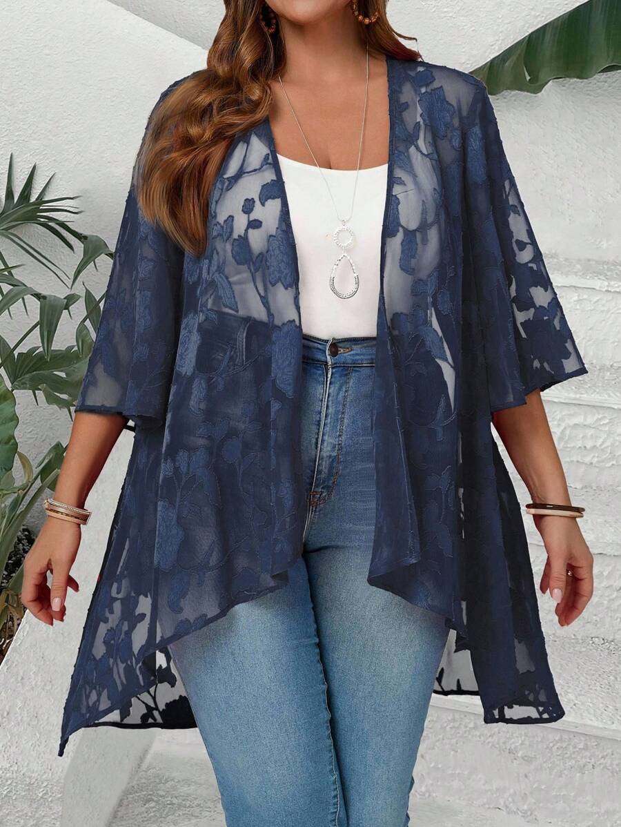 EMERY ROSE Plus Size Women Floral Jacquard Netted 3/4 Sleeve Open Front Jacket Cardigan - Navy Blue - View 1