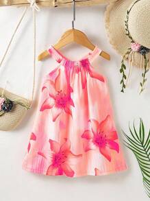 SHEIN Playful Pals 女嬰粉色花卉掛脖細肩帶洋裝，可愛夏季度假穿搭，優雅甜美花卉印花，時尚休閒無袖日常穿著 - 粉色 - 查看 4