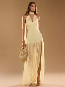 SHEIN BAE 秋季女式纯黄色露背领结胸罩杯褶皱下摆半透明长裙，奶油黄色连衣裙 - 黃色 - 查看 2