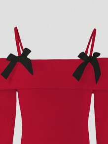 Elladie kids Tween Girl New Long-Sleeved Top With Suspenders, Off-The-Shoulder Design And Bowknot For Tween Girls Is On The Market. It's Comfortable, Fashionable, Elegant, Sweet, Cute, Lively, Unique And A Must-Have For Dressing Up. Fall Winter - Red - View 5