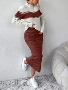 SHEIN Cottnline 2 件套女士撞色立领蝙蝠袖毛衣和双口袋针织迷你裙休闲套装 - 棕色 - 查看 3
