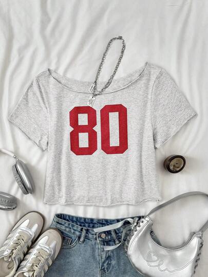 SHEIN 少女休闲宝蓝色针织标语露肩印花短款短袖修身上衣，春夏季清凉基础款日常百搭运动时尚夏季上衣，开学季校服~