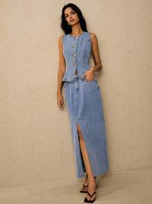 Poéselle New Women's Denim Skirt Front Slit Long Skirt Autumn Light Blue French Elegant For Going Out On A Date Denim Maxi Skirt Long Denim Skirt Blue Denim Skirt Women Denim Skirt Back To School Y2k Office For Women School Streetwear Airport For Women Cowgirl Back To School Teacher For Women - Light Wash - View 5