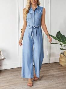 EMERY ROSE Combinaison en jean sans manches pour femme avec taille nouée et poches, décontractée - Bleu azur - Voir 4