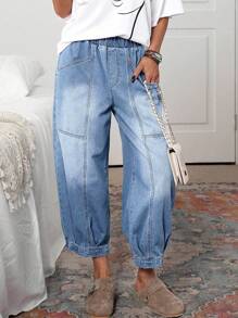 EMERY ROSE Plus Size Casual Loose Elastic Waist Straight Leg Jeans,Back To School Y2k Women Jeans Baggy Elastic Waist Jeans Y2k  Baggy Jeans - Light Wash - View 1