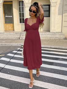 Serisse 女士纯色甜心领短款泡泡袖侧开衩下摆休闲中长连衣裙，夏季 - 酒紅色 - 查看 8