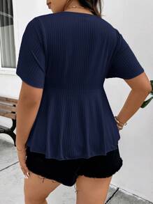 SHEIN Frenchy 大码女式纯色褶皱短袖荷叶边下摆波西米亚风短袖上衣T恤，教师款，外出上衣 - 藏蓝色 - 查看 7