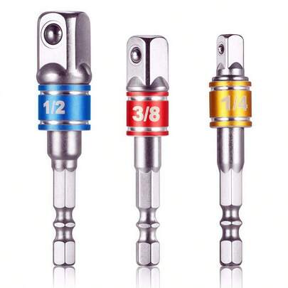 Set de 3 adaptadores de enchufe de grado de impacto, brocas de vástago hexagonal de acero a cuadrado para taladros eléctricos, destornillador de impacto inalámbrico con aros codificados por color, herramientas para reparación en el hogar y el automóvil