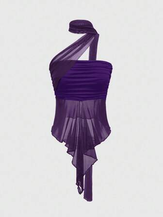 Goth Y2K-Stil sexy seitlich geraffter abnehmbarer Mesh-Schal Bandeau Crop Top für Frauen