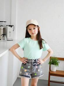 Pantalones cortos vaqueros de verano para niñas pequeñas con estampado floral colorido, cintura elástica suelta y dobladillo con volantes, en negro y gris