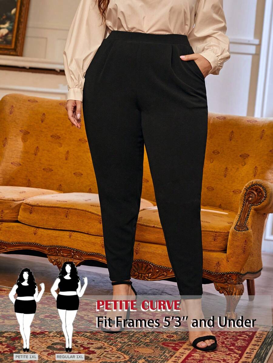 SHEIN PETITE CURVE 小码加厚褶裥斜插口袋裤，适合日常穿着、工作（通勤）、约会、春季、毕业典礼等场合，休闲百搭，黑色，带口袋。 - 黑色 - 查看 1