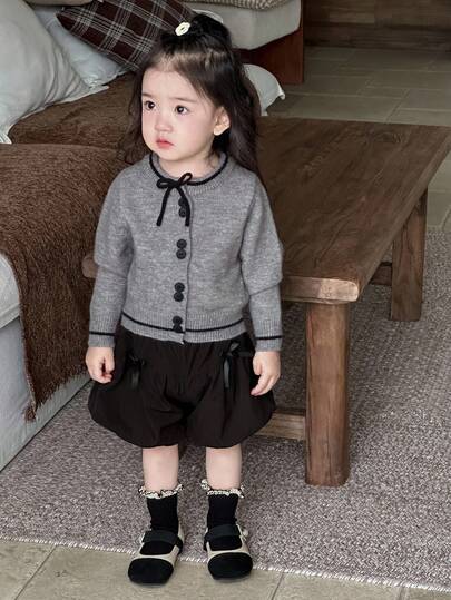 DAZY 女婴蝴蝶结装饰单排扣开衫，秋冬季幼儿女童服装