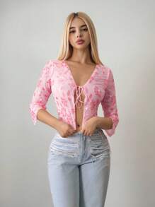 Sweetina Sheer Sequins Embroidered Tie-Front Blouse For Women - Pink - View 3