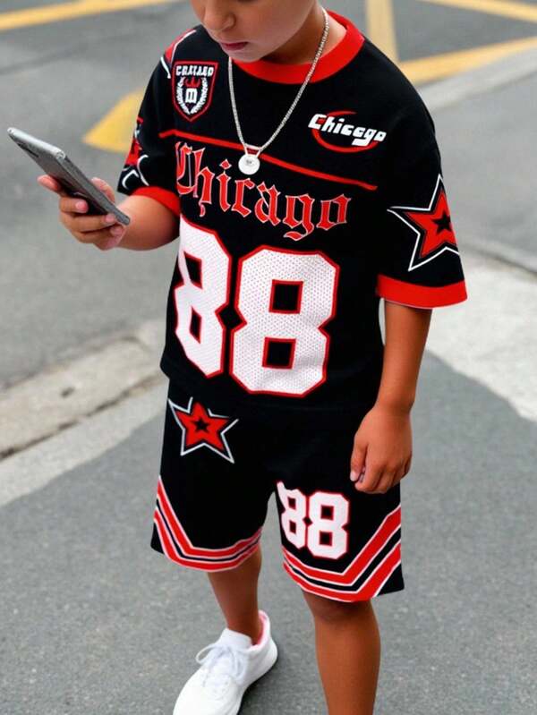 SHEIN 2pcs/Set Tween Boy Casual Fashion Classic Cool Baseball Sportswear Style, Number 88, Gothic Chicago Text And Star Print Short Sleeve Round Neck T-Shirt And Shorts Set, Suitable For Summer Boys Hip Hop Clothing Boy Jersey Outfits Teen Boy Rapper Clothes Boys Basketball Outfit