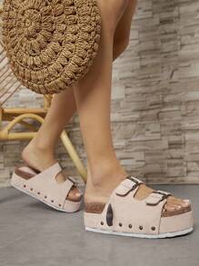 SHUZIA Women Shoes Wide Fit Open Toe Double Buckle Cork Footbed Slide Sandals Women Taupe Suede Wide Fit Flat Sandals