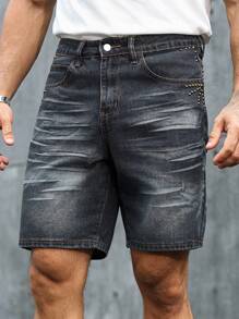 Manfinity LEGND Shorts Denim Lavada Casual Masculina para Verão - Cinza - Visão 3