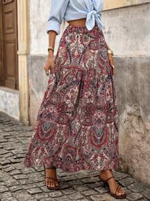 Brillora Paisley Print Ruffle Hem Skirt Without Belt