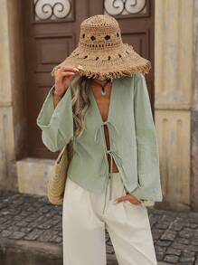 Brillora 节日纯色编织宽松常规女士长袖衬衫，秋季女装，长袖上衣 - 綠色 - 查看 5