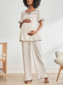 Moonlight&Mama Contrast Color Trim Bowknot Ruffle Decorated Short Sleeve Top & Long Pants Maternity Loungewear Set Holiday Season - Beige - View 3