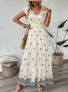 SHEIN LUNE 女式复古风盖袖褶皱腰抽绳荷叶边下摆 A 字长裙，休闲度假优雅春夏 - 彩色 - 查看 6