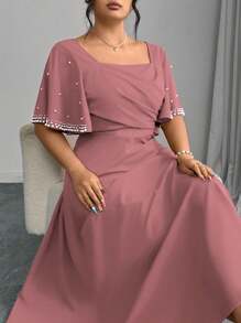 Modelyn Plus Size Red Square Neck Ruched Waist A-Line Pearl Embellished Dress - Pink - View 1